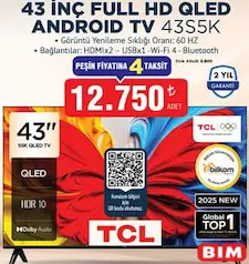 TCL 43 İNÇ FULL HD QLED ANDROİD TV 43S5K AKILLI TELEVİZYON fiyat ve kampanya bilgisi